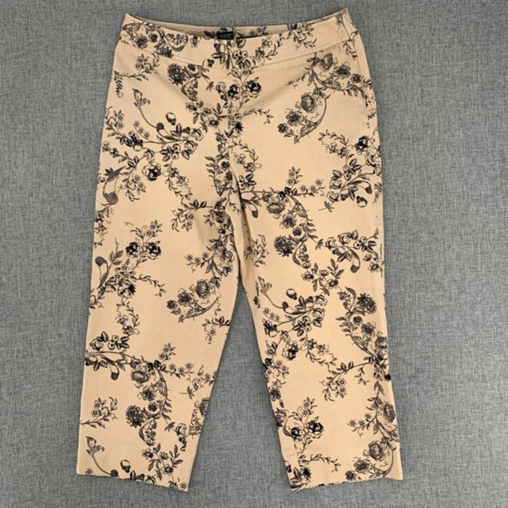 Rafaella Floral Cotton Crop Pants Cream Color Black Design 8 Petite‎ 2% Spandex